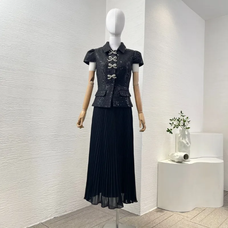 Womne's Black Short Sleeve Sequin Elegant Attractive Turn Down Collar Diamonds Bow Lace Pleat Midi Dresses High Quality