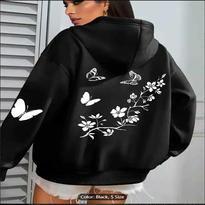 

Модная толстовка с бабочкой и длинным рукавом, женская повседневная толстовка с принтом бабочки, свободный крой, модный повседневный топ с белой бабочкой