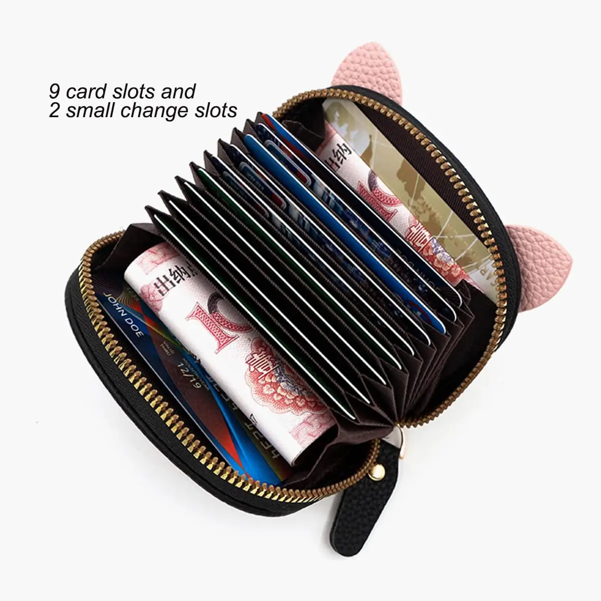 Women's Fashion Zipper Credit Card Case Wallet Leather Card Case RFID Blocking Coin Purse Accordion Card Slot with Cute Pig