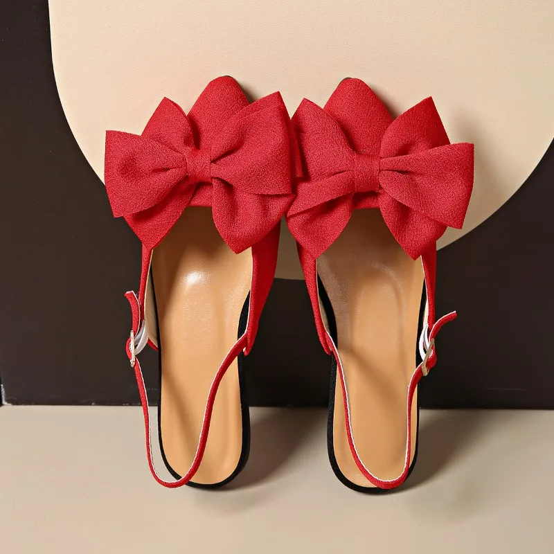 صنادل نسائية صيفية بفيونكة مسطحة باوتو 2025 جديدة بمقاس كبير بمقدمة مدببة وظهر فارغ