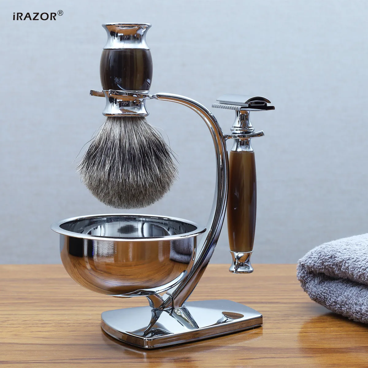 irazor-classic-de-double-edge-safety-razor-kit-10-blades-silvertip-brush-lather-bowl-mens-wet-shaving-groomin-packed-in-gift-box