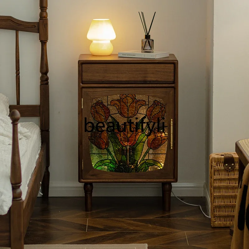 Tulip chest retro black walnut solid wood bedside table bedroom drawer side cabinet