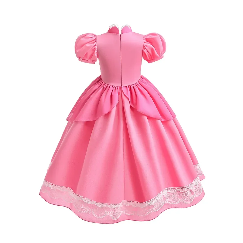 Vestido de princesa Peach para niña, traje de fiesta de cumpleaños, manga abullonada rosa, encaje largo, disfraz de Halloween, 2024