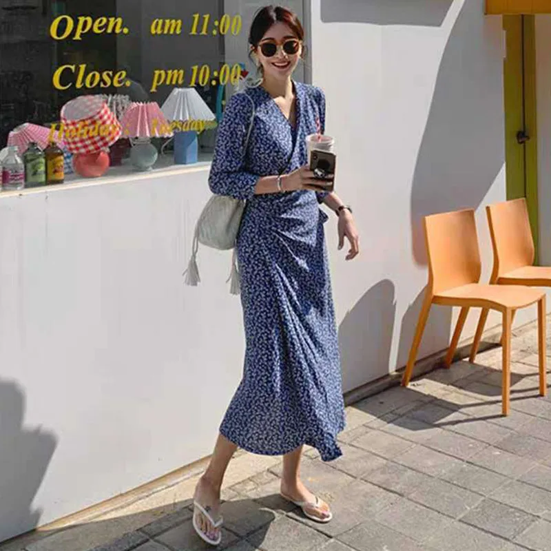 Johnature Summer Korea Floral Print V-neck Dress For Women 2025 Summer Bohemia Vocation Irregular Bandage Loose Dresses