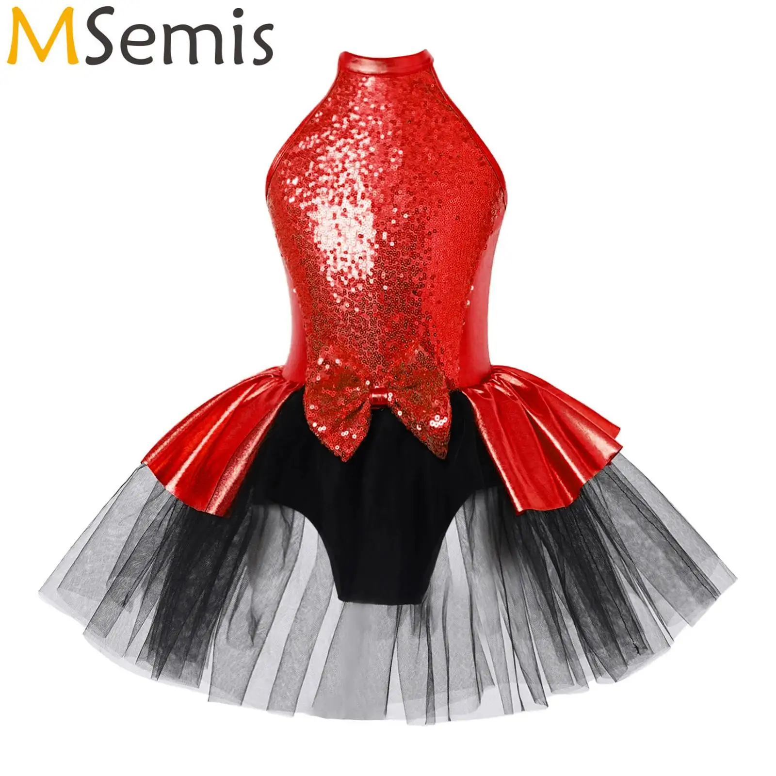 

Kids Girls Ballerina Tutu Mesh Latin Ballet Dance Tights Dance Dress Round Neckline Sparkling Sequins Dance Performance Costumes