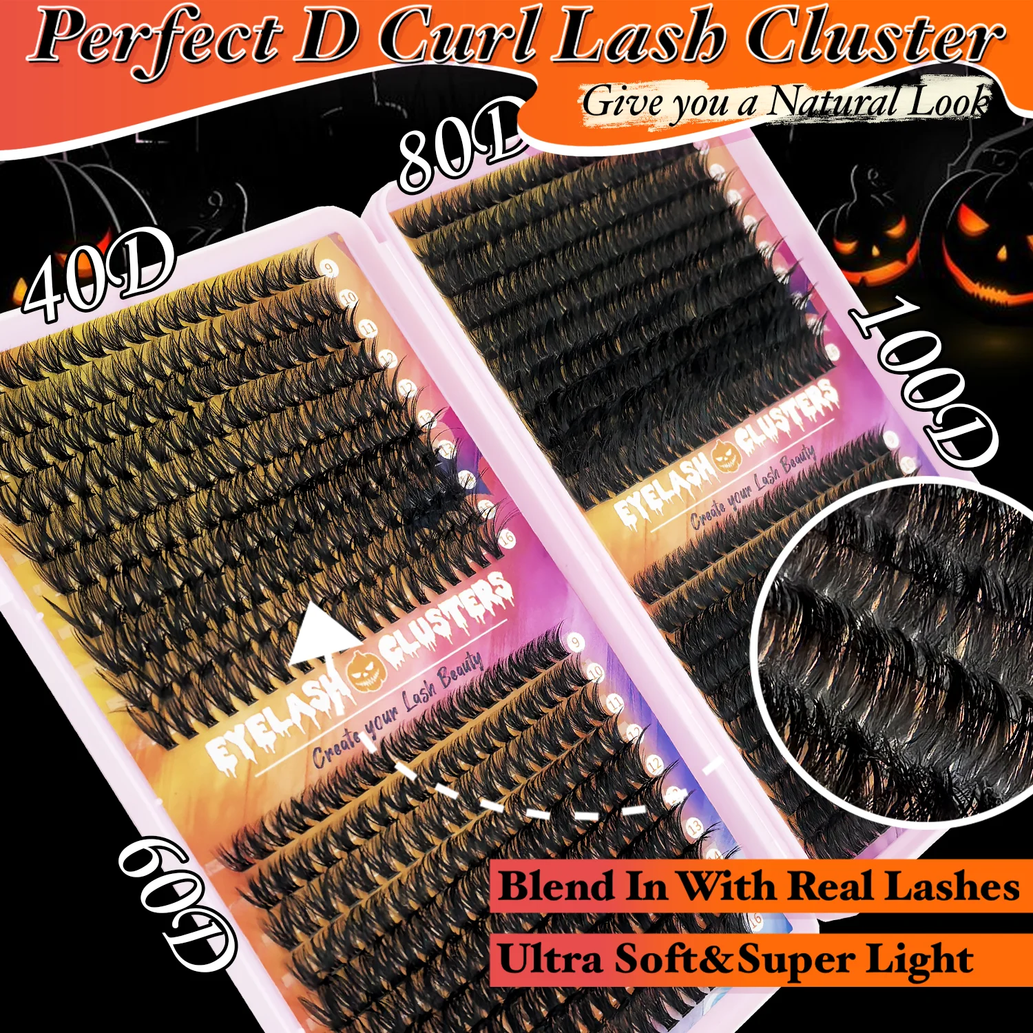 Zestaw do przedłużania rzęs DIY na Halloween, 800/320 kępek, 9-16mm, mieszanka górnych rzęs, 40D-100D z klejem, pędzelkiem, pęsetą i narzędziami.