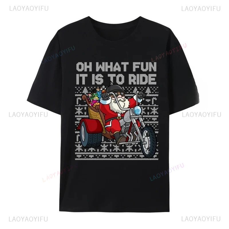Christmas Biker Unisex Tees Santa Pure Cotton Printing Crewneck  Tops Man WomenShort-sleev Sweatshirt Funny Christmas Day Tops