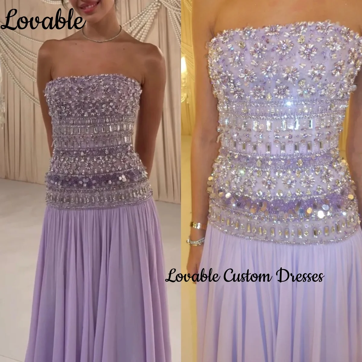 

Evening Dress 2025 Luxury Beadings Floor-Length Party Dresses Strapless Ruffle Zipper Up A-Line Formal Occasion Dresses