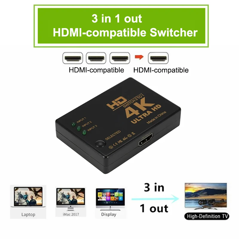 Przełącznik zgodny z HDMI Przełącznik 4K 3 wejścia 1 wyjście Full HD 1080P Rozdzielacz kabla wideo 1x3 Konwerter adaptera koncentratora do