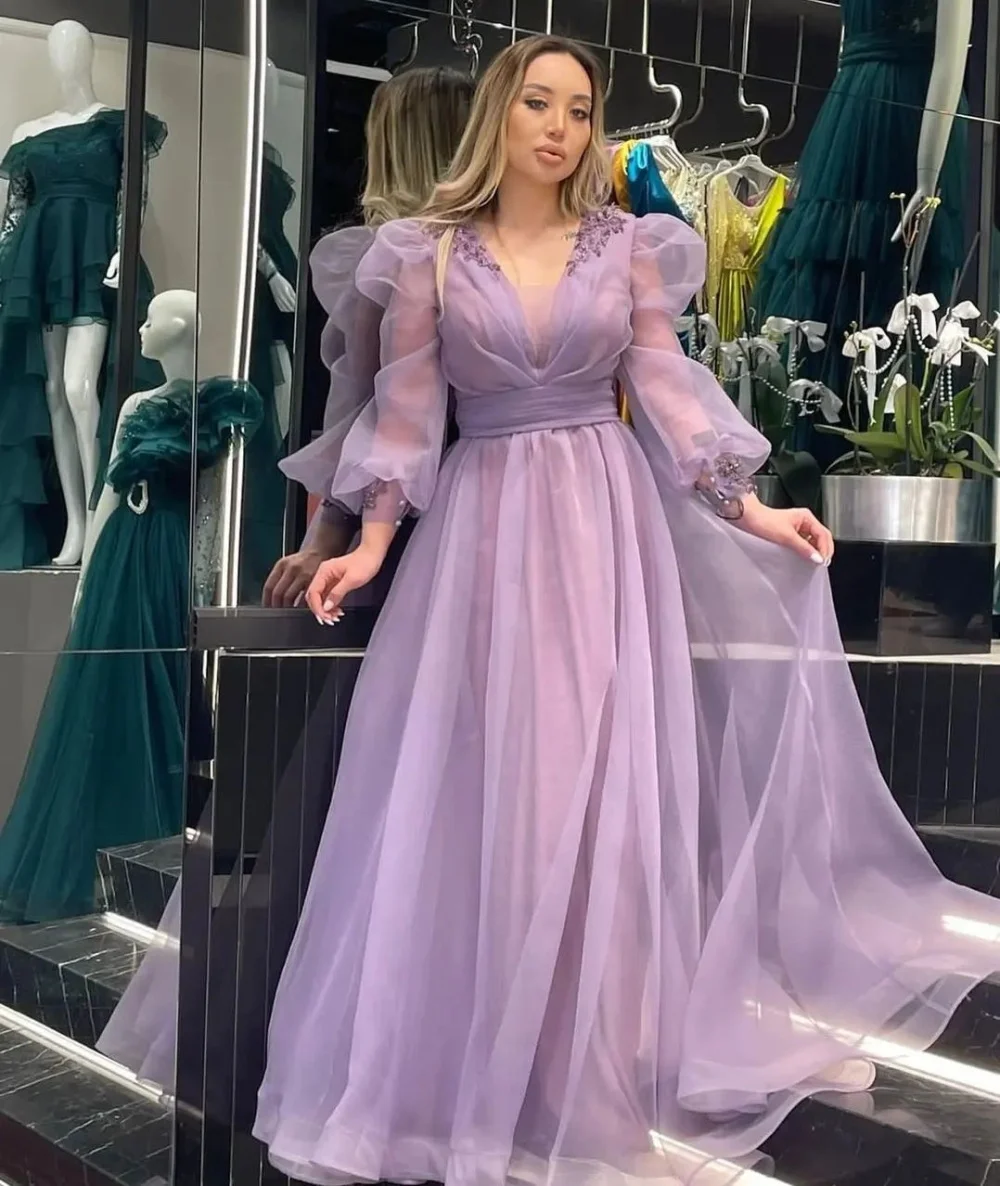 

ANGELSBRIDEP Puffy Sleeves Prom Dresses Deep V Neck Robe De Soirée Long Women Elegant A-Line Tulle Formal Evening Gowns NEW