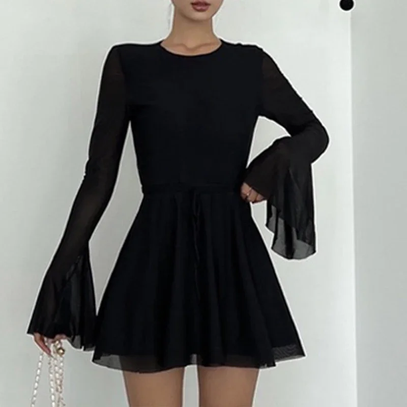 

Autumn Black Mini Dress Women New Sexy Backless Flare Sleeve Belt Bandage Mesh O-Neck A-LINE Dress Elegant Casual Club Partywear