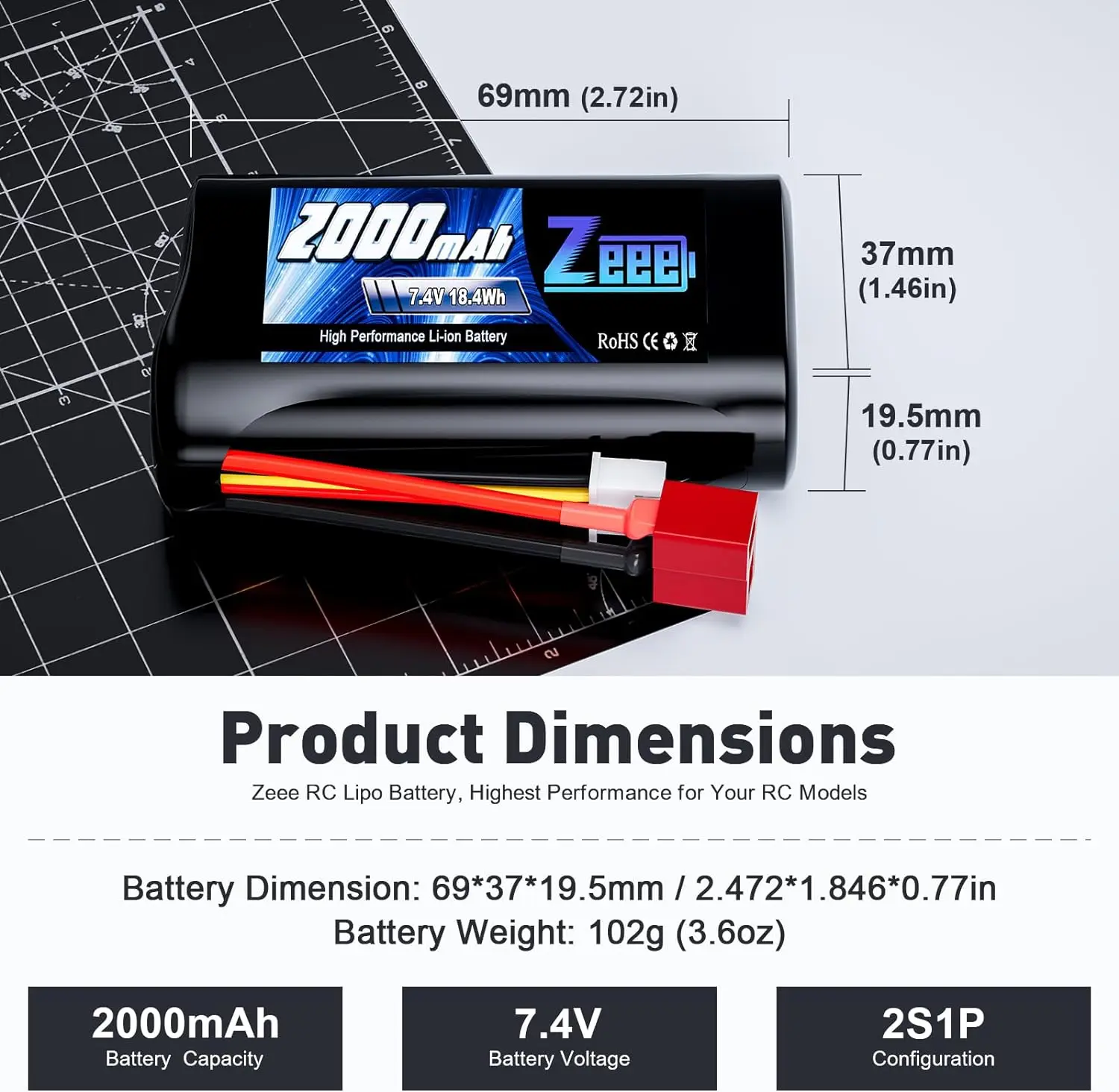 Zeee Li-ion Battery 2S 7.4V 2000mAh T Connector with Charger for RC Cars Buggy Boats 4WD High Speed FPV Racing Hobby Model Parts