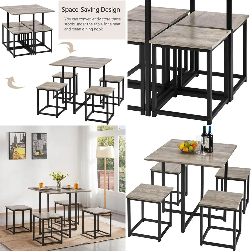 

Серый обеденный гарнитур в индустриальном стиле из 4 предметов: компактный кухонный стол со стульями для небольших помещений