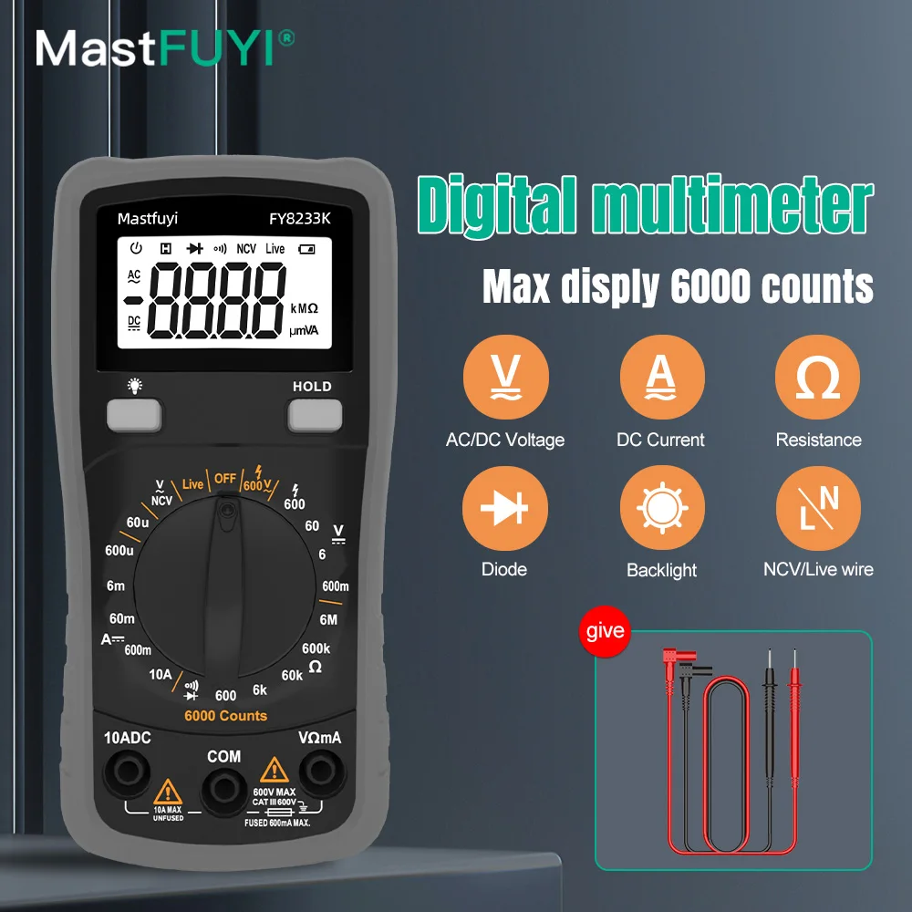 

MASTFUYI FY8233K Digital Multimeter Professional 6000 Counts AC/DC Votage Tester Ohm Current Ammeter Detector Tool