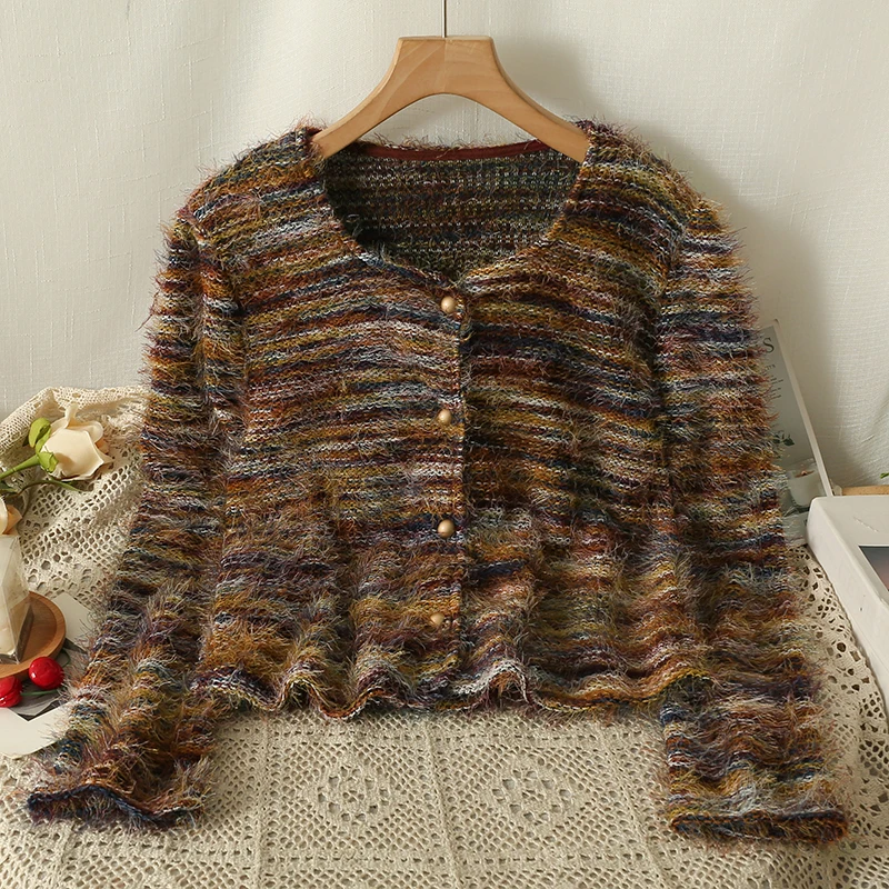 

Винтажный полосатый свитер с длинными рукавами, женский осенне-зимний свитер 2025, новый мягкий свободный короткий вязаный кардиган с круглым вырезом, однобортный топ