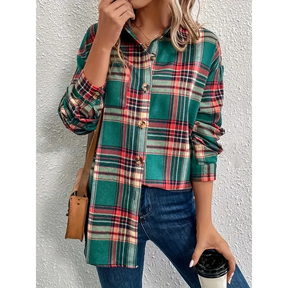

Plus Size 1XL-5XL All Season New Women's Fashionable Plaid Print Shirt Women Casual Long Sleeved Lapel Shirt