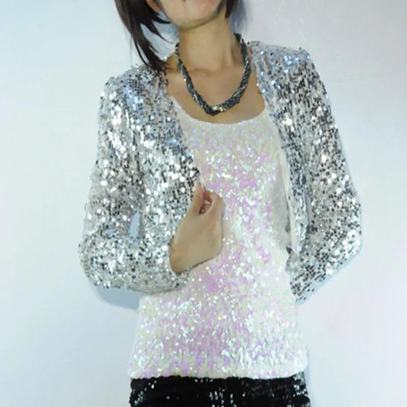 

New plus Size Performance Jacket Women's Short Sleeveless Glitter Outerwear DS Singer Dance Sequin Padded Shoulder Small Suit