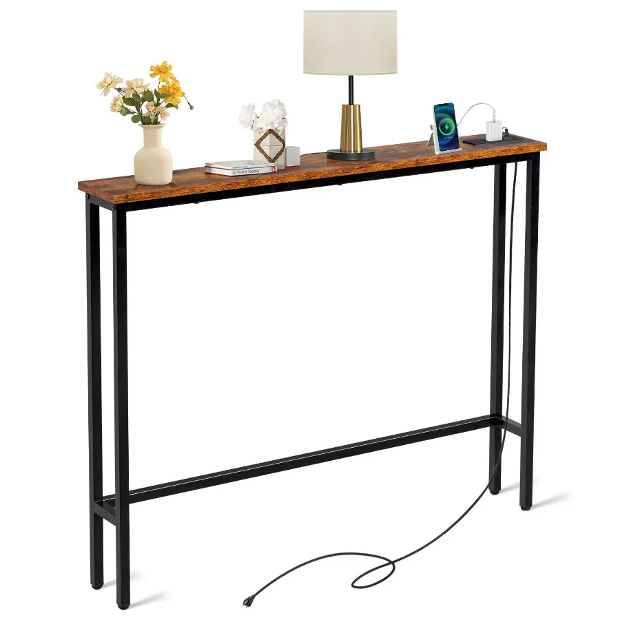 

[Old Code: 04863538]39.4" Narrow Console Sofa Table with Power Outlets and USB Ports, Skinny Couch Table with Metal Frame and C