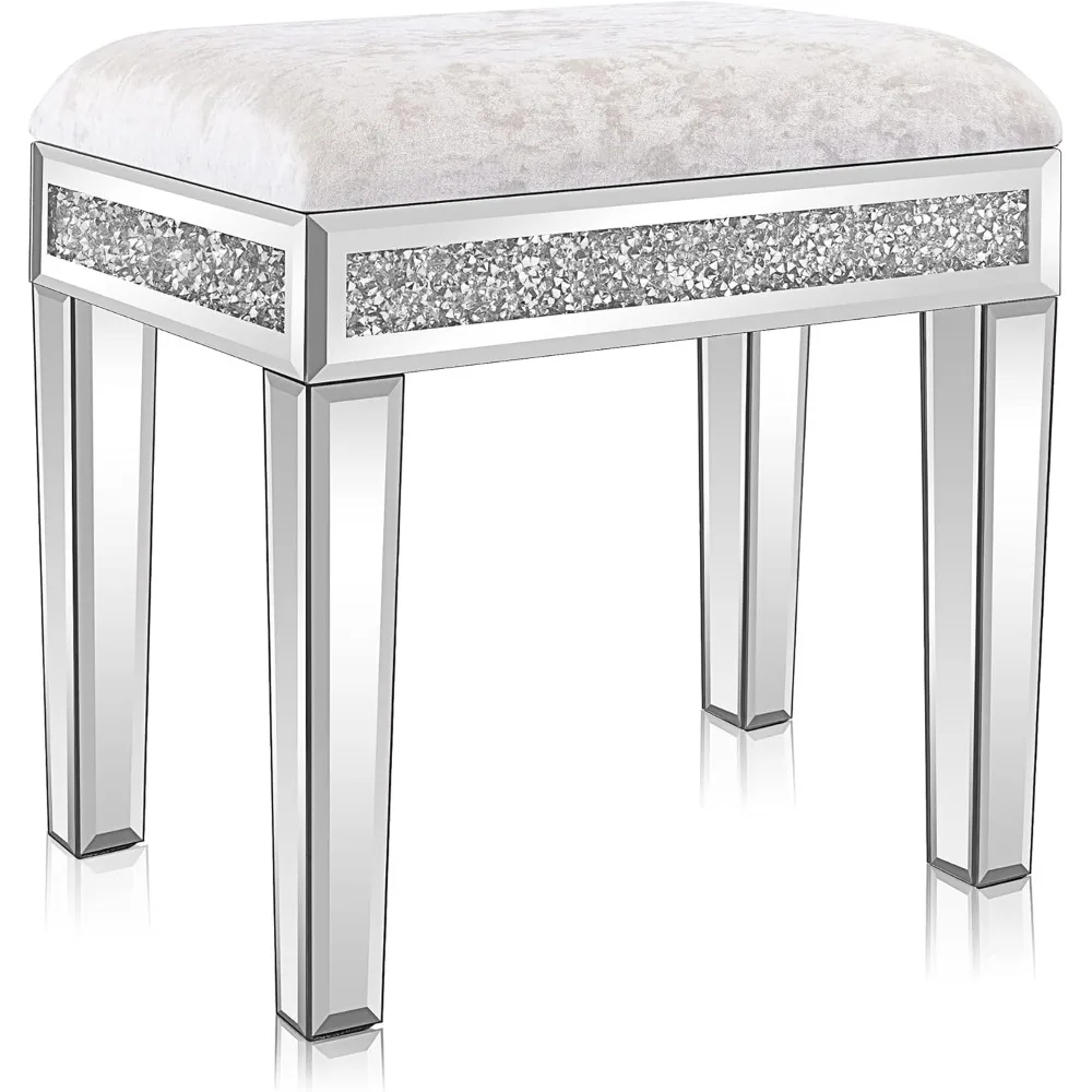 Mirrored Vanity Stool with Storage, Upholstered Velvet Ottoman, Makeup Dressing Table Bench with Sparking Diamonds, Silver