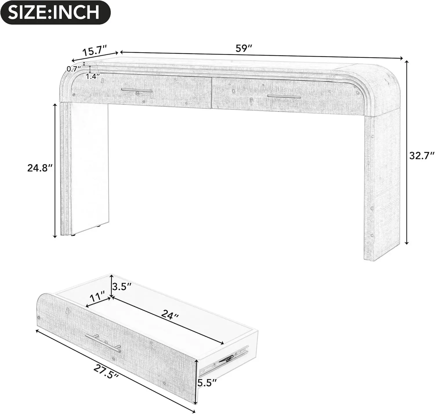 59 inch Unique Silhouette Retro Console Table, Versatile Entryway Table with Two Top Drawers