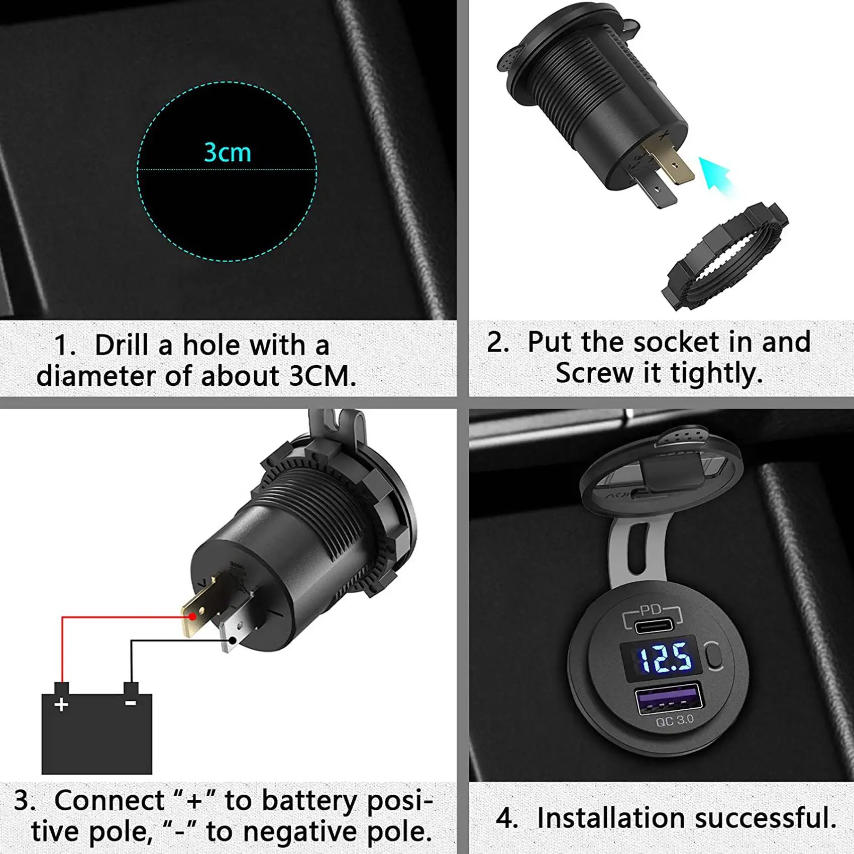 2X PD Type C 48W Dual USB Car Socket, QC 3.0 Car Fast With Voltmeter And Switch For Boat Truck RV,Red