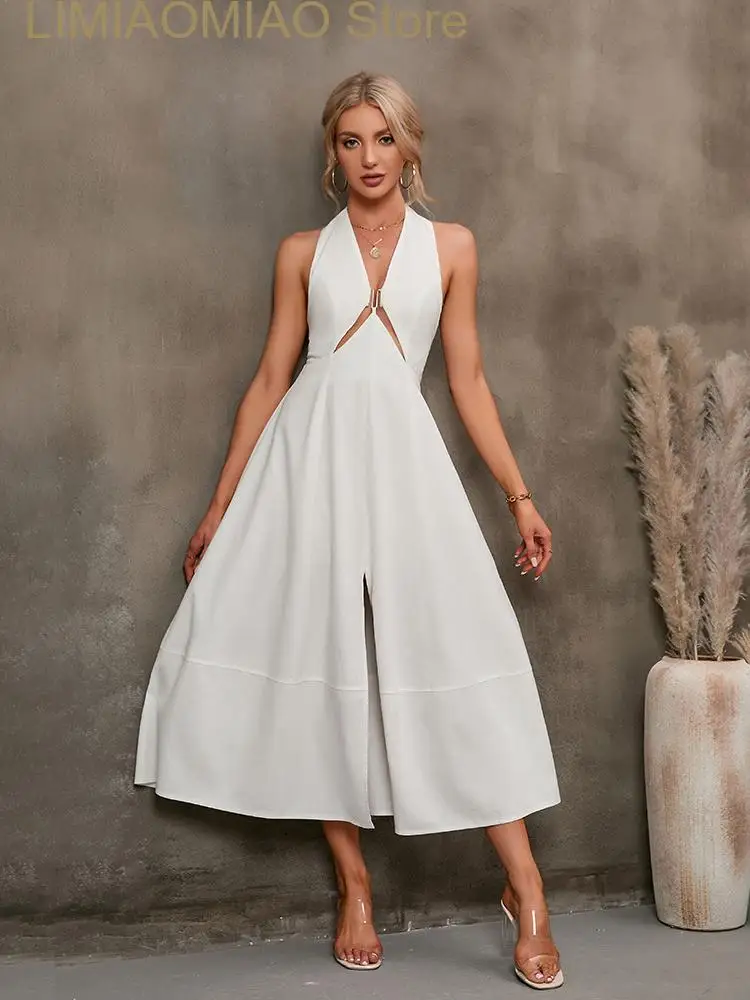 

New Summer Backless Split Sexy Dress Women Designer Hollow Out Elegant Midi Dress Female Casual Hang Neck Slim Chic Party Dress