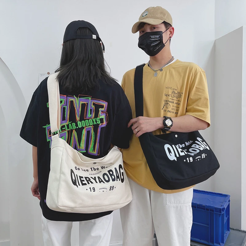 Bandolera de lona de gran capacidad para estudiantes, bolso de mensajero japonés Harajuku, bolso de hombro con letras para adolescentes, bolso de mano para mujer