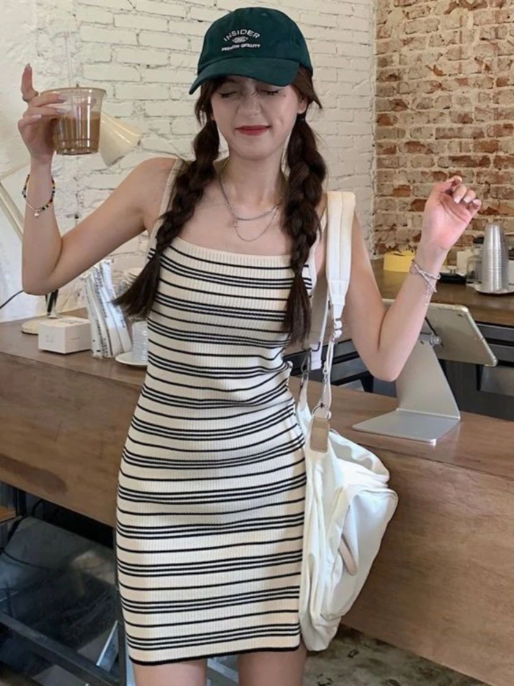 Summer Slim Fit Knitted Wrap around Dress Women's Fashionable Stripe Short Skirt Belted Waist Design Sensual Strapless Gown
