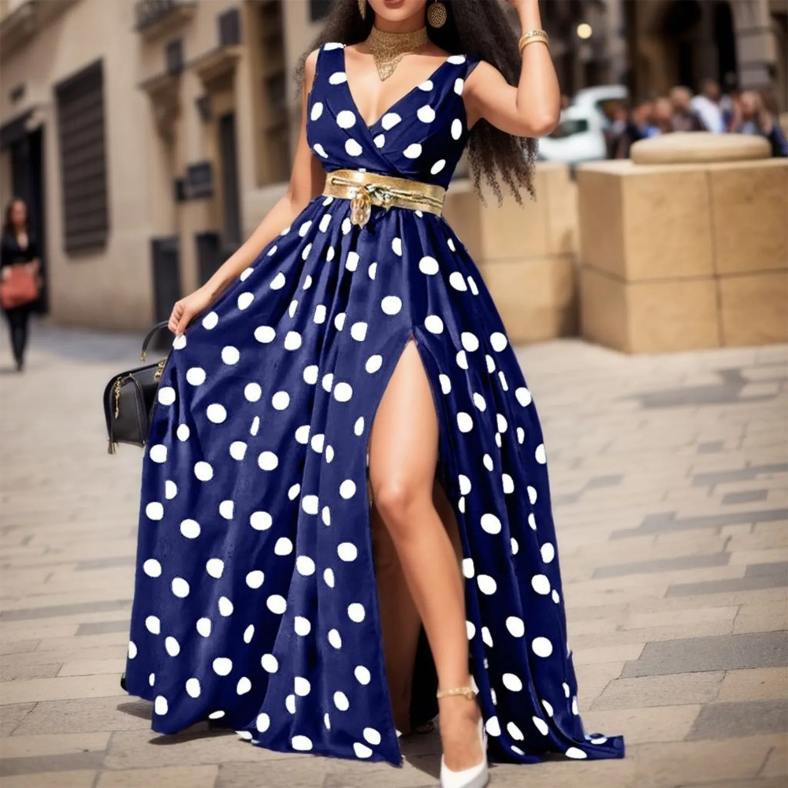 2024 floral Printed Mid-waist Sexy Split Long Dress Commute Style Elegant Waist Belt Included Fashionable Women party Wear