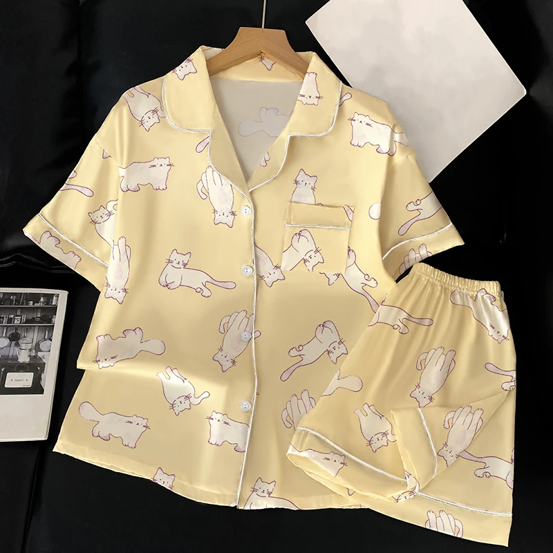 Conjunto de pijamas con estampado Kawaii de conejo para mujer, pijamas informales de estilo coreano para mujer, ropa de descanso corta a la moda