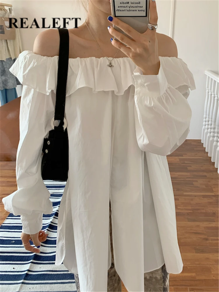 

REALEFT Ruffled Off-shoulder Women's Blouse 2023 New Spring Summer Front Split Blouse Tops Casual Long Sleeve Cotton Shirts