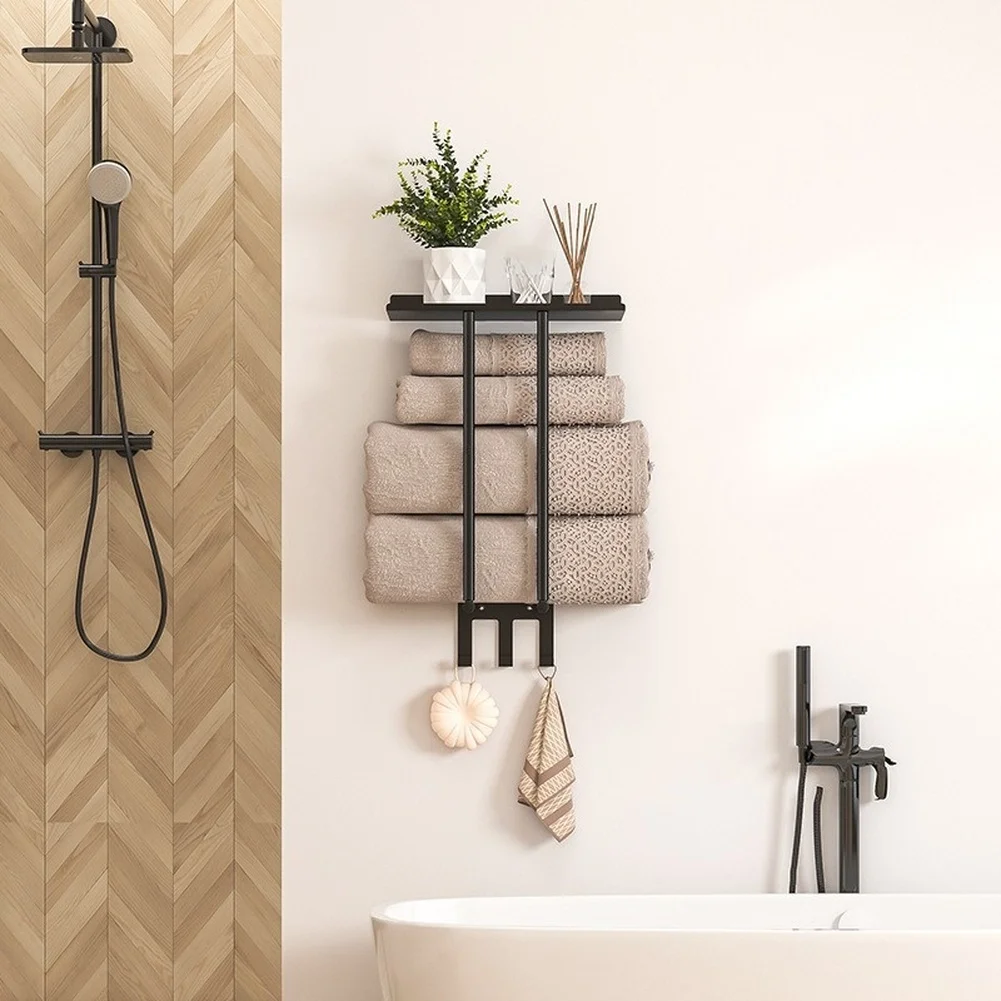 Wall Mounted 2 Tier Towel Rack No Tools Required Black Iron Rustproof Design for Bathroom Use on Smooth Walls 34x16x7.5cm