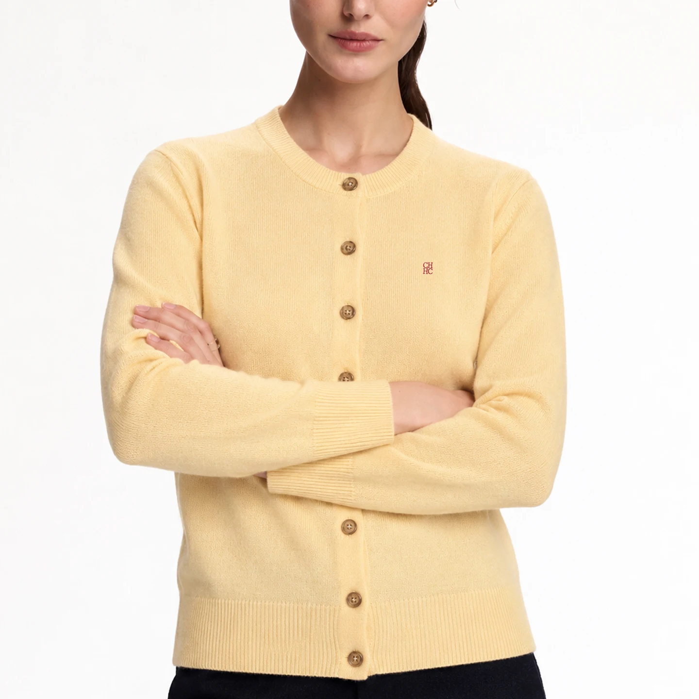 CH Round Neck Knit Cardigan Full Button Closure Subtle Chest Embroidery Ribbed Sleeve Edge Loose Silhouette Daily Top
