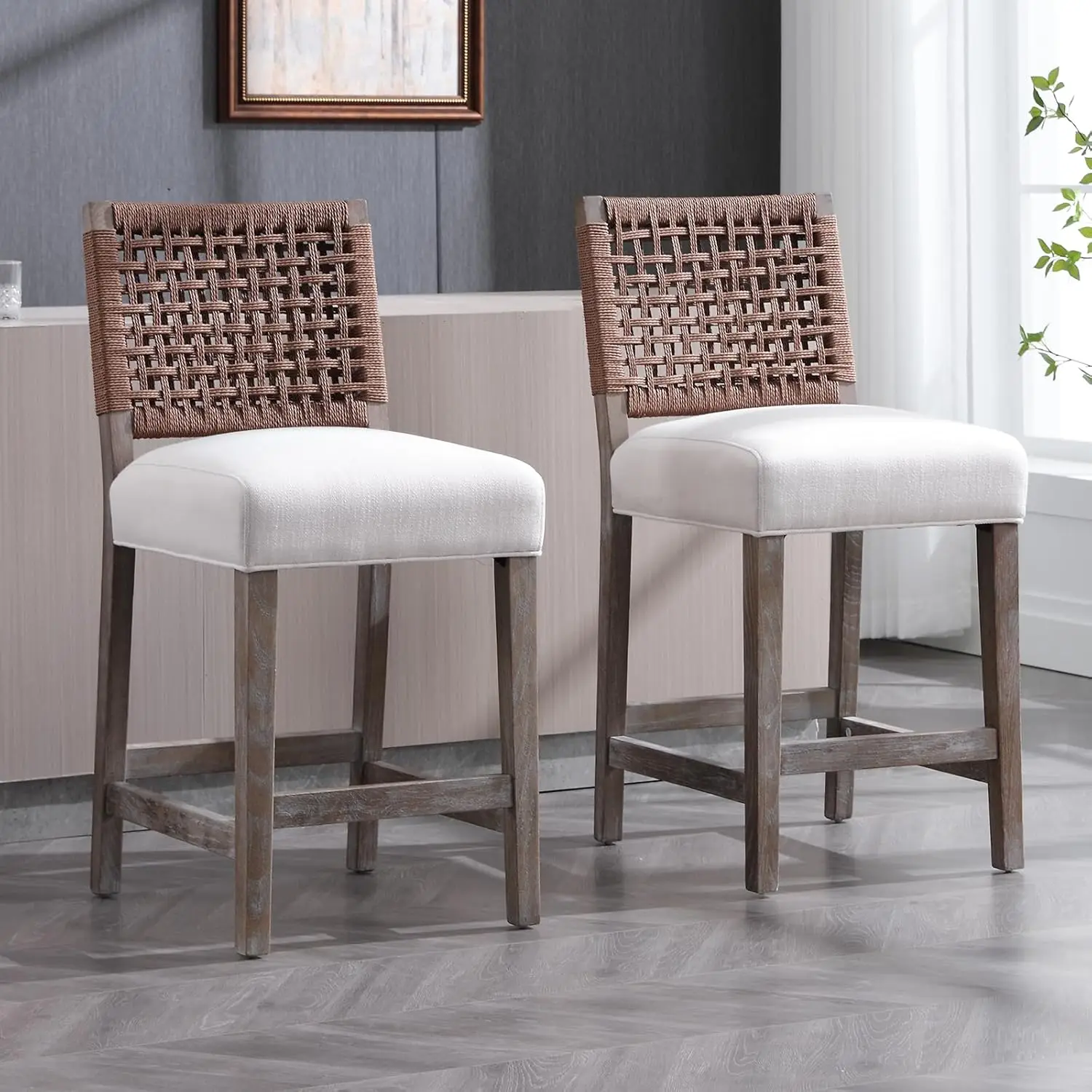 

Набор из 2 барных стульев высотой 27 дюймов, деревянные барные стулья в стиле фермерского дома с сиденьем из льняной ткани и плетеной спинкой, 6,5 дюйма, на заказ