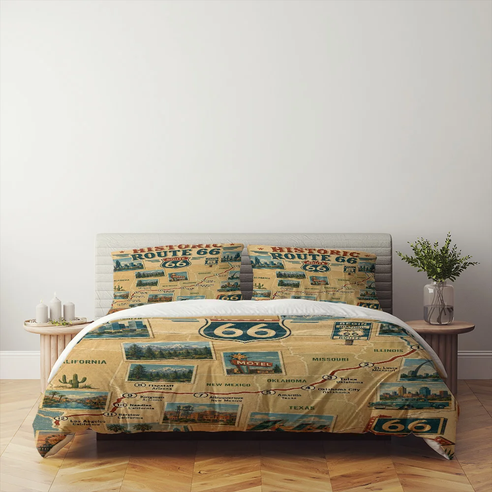 Antique 66 Route Cars Fair Duvet Cover Set,Single Double Full Queen King Blue Quilt Cover
