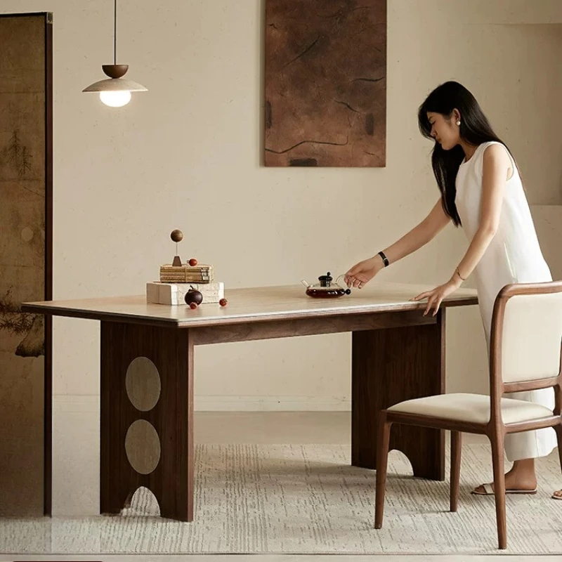 

North American black walnut dining table solid wood medium antique travertine rock slab dining table rectangular