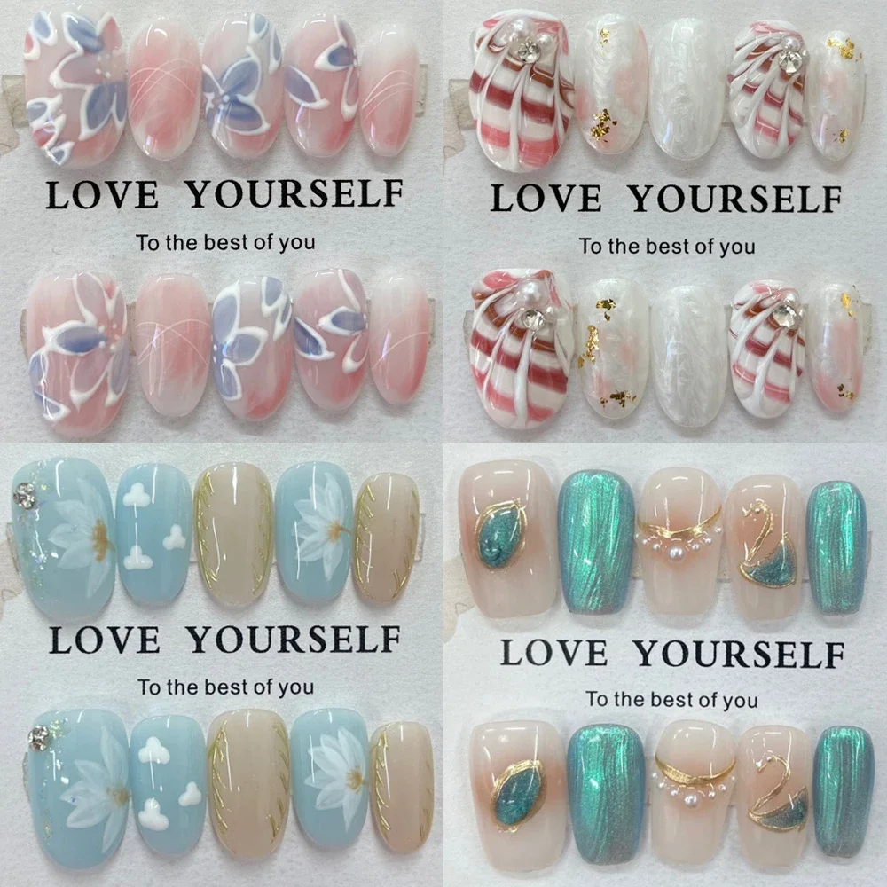 다채로운 짧은 사각형 라운드 그라디언트 재사용 가능한 전체 커버 네일 하이 엔드 꽃 고양이 눈 가짜 손톱에 다이아몬드 인공 프레스