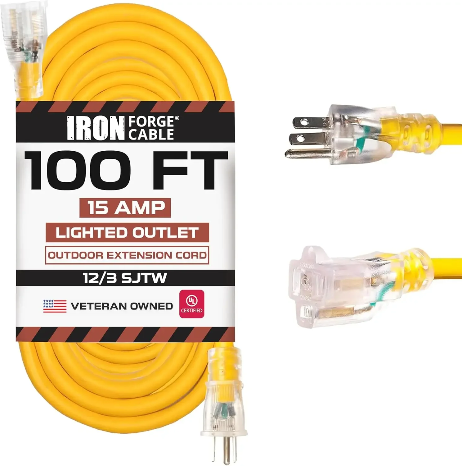 

100 Foot Outdoor Extension Cord 12/3 SJTW Heavy Duty Yellow 3 Prong Extension Cable 15 AMP for Garden and Major Appliances