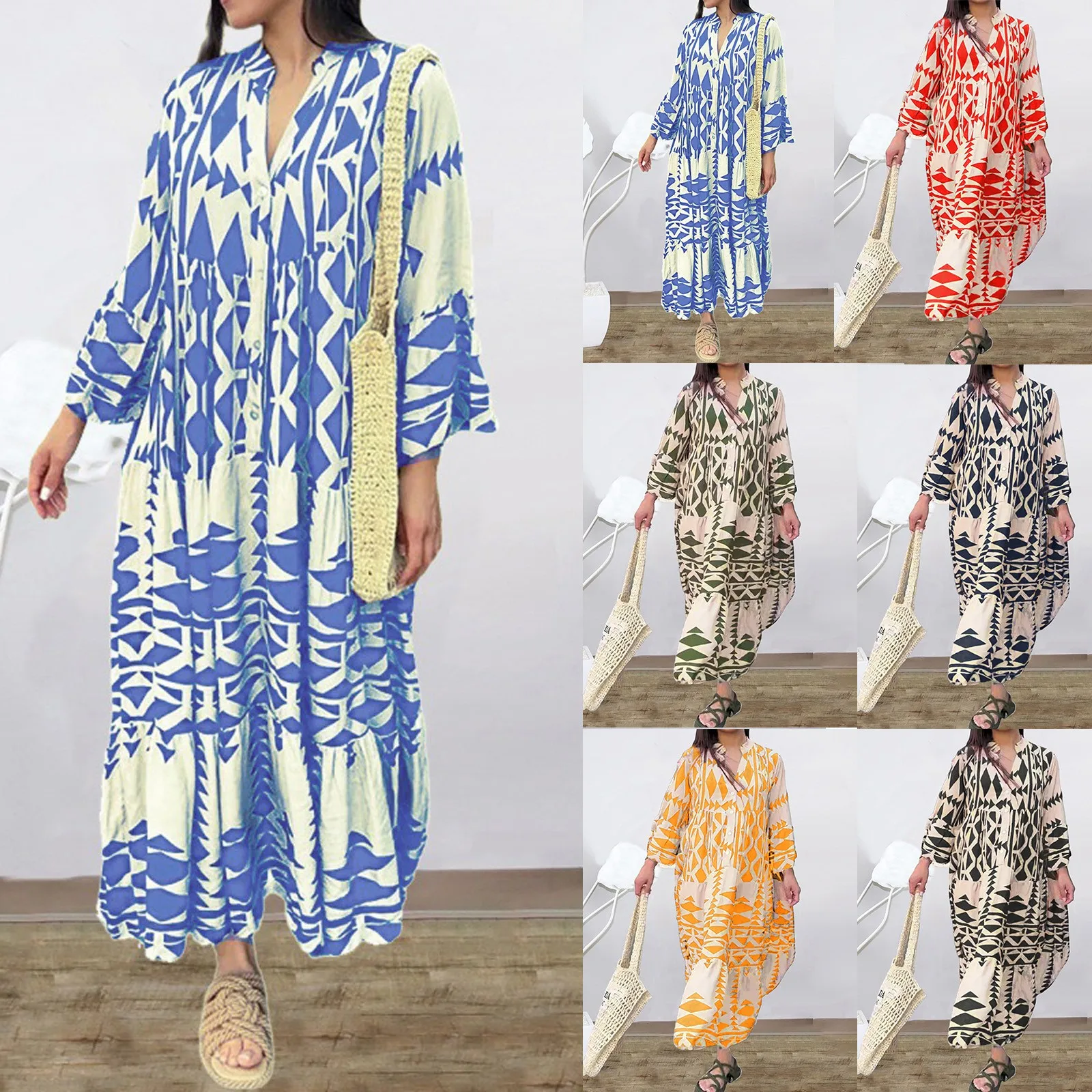 Summer Shirt Dresses Women Long Sleeve Pleated Boho Print Long Dress Robe Ladies Fashion Vintage Beach Maxi Dresses Vestidos