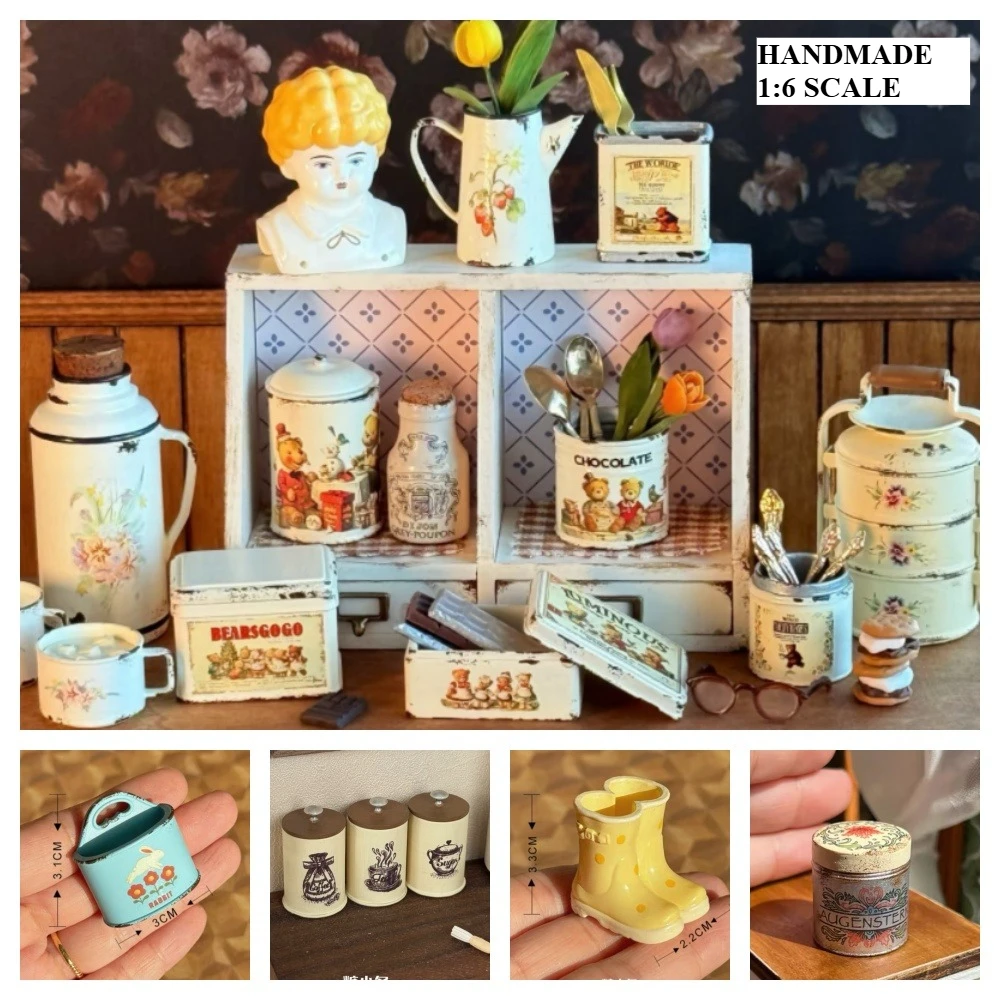 Hand-painted Miniature Tea Set  Rustic Tin Cups with Floral Print 1/6 Dollhouse Kitchen Accessories, Free Mini Spoon Included