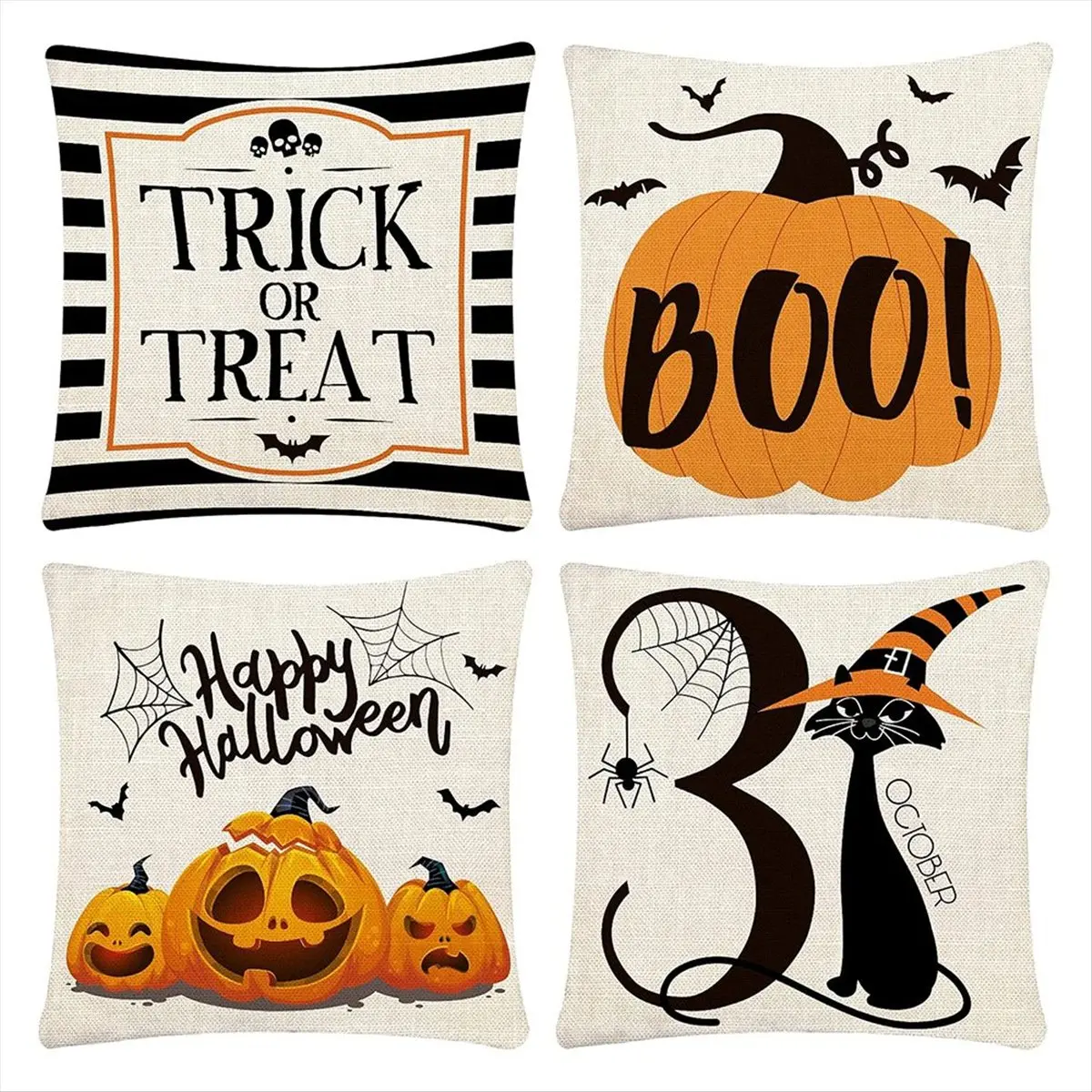 A20I Pillow Covers 18x18 Inch Set of 4 Trick or Treat Pillow Covers Halloween Linen Sofa Bed Throw Cushion Cover Decoration
