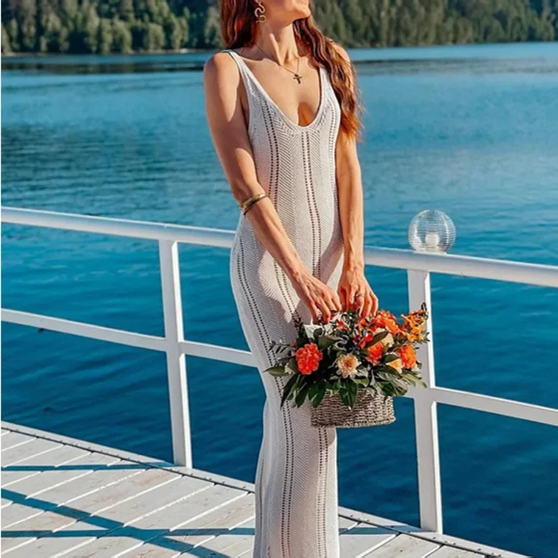 

2025 New White Knitted Beach Dress Women Holiday Outfits Sexy Hollow Out Sleeveless Slim Long Dress Summer Elegant Backless Maxi