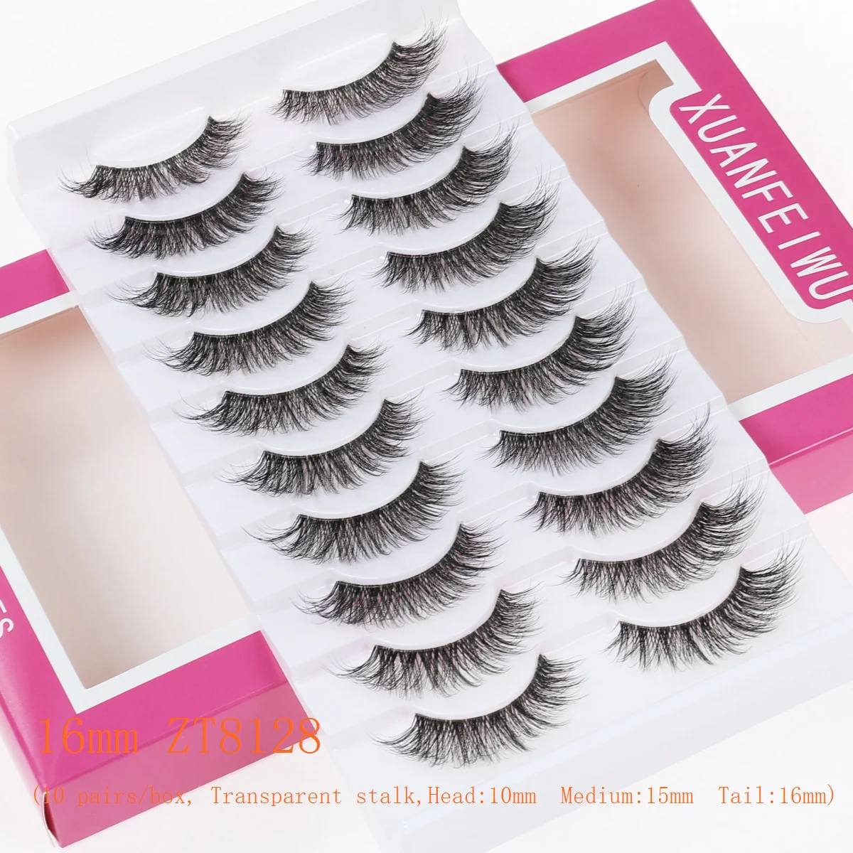 Xuanfeiwu Dense Natural Stage Performance Makeup Tool Artificial Eye Tail Elongated Transparent Stem ขนตาปลอมทั้งชิ้นกาวติดด้วยตนเอง 5D สเตอริโอขนตา