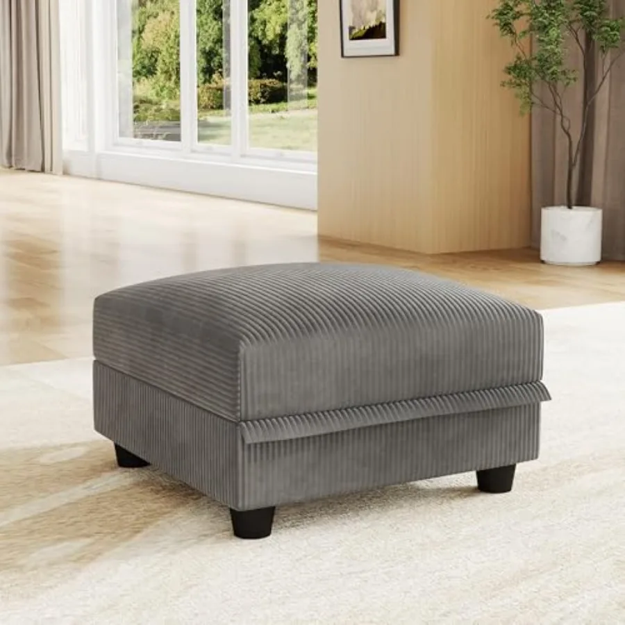 Plush corduroy storage ottoman for living room use, brown fabric, soft texture and dual-function as footrest or sectional sofa