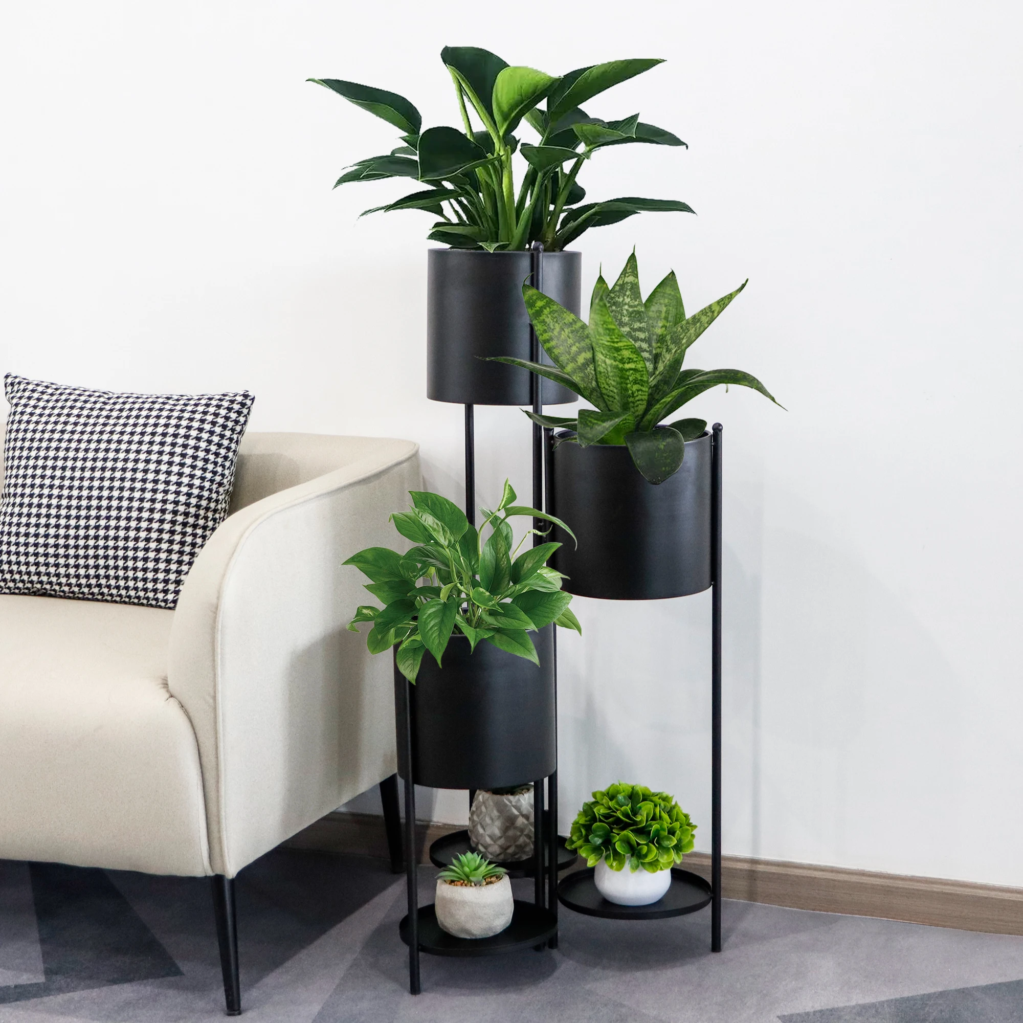 Metal Black Flowerpot Sturdy Foldable Planter Rack With Stand Double Layered Shelf for Home Decor