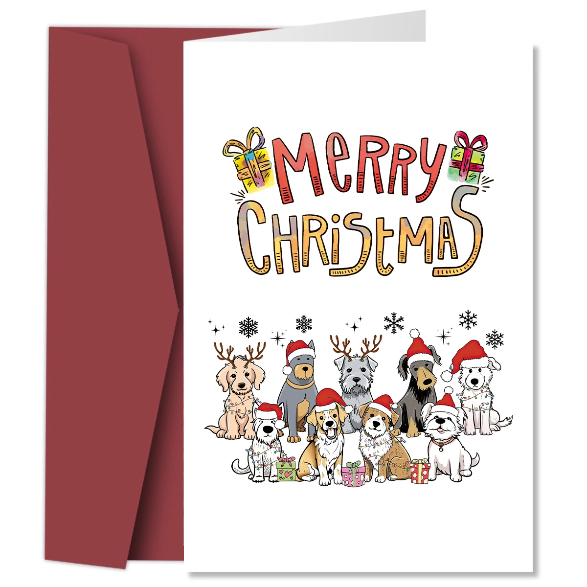 Festliche Weihnachtsgrußkarte für Hunde, süßer Welpe mit Weihnachtsmütze und Elchhörnern, Weihnachtskarten, neuartiges Weihnachtsgeschenk für Hundeliebhaber
