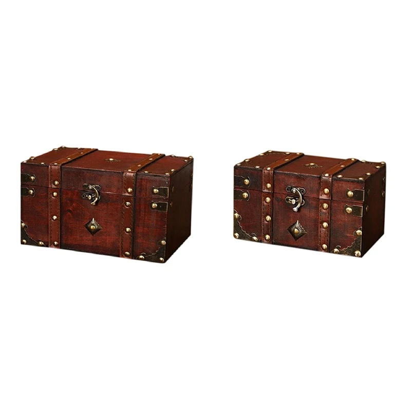 

2 Pcs Retro Treasure Chest Vintage Wooden Storage Box Antique Style Jewelry Organizer Big & Small