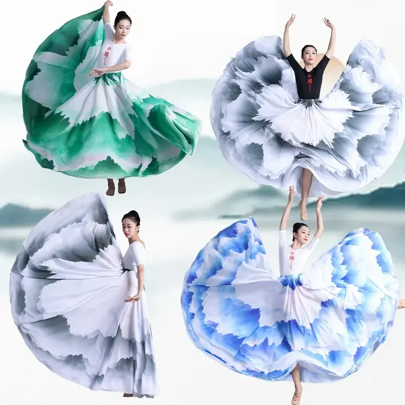 

Юбка с тушью в китайском стиле на 360-720 градусов, большая распашная шифоновая юбка, женские классические танцевальные юбки, тренировочное платье для выступлений
