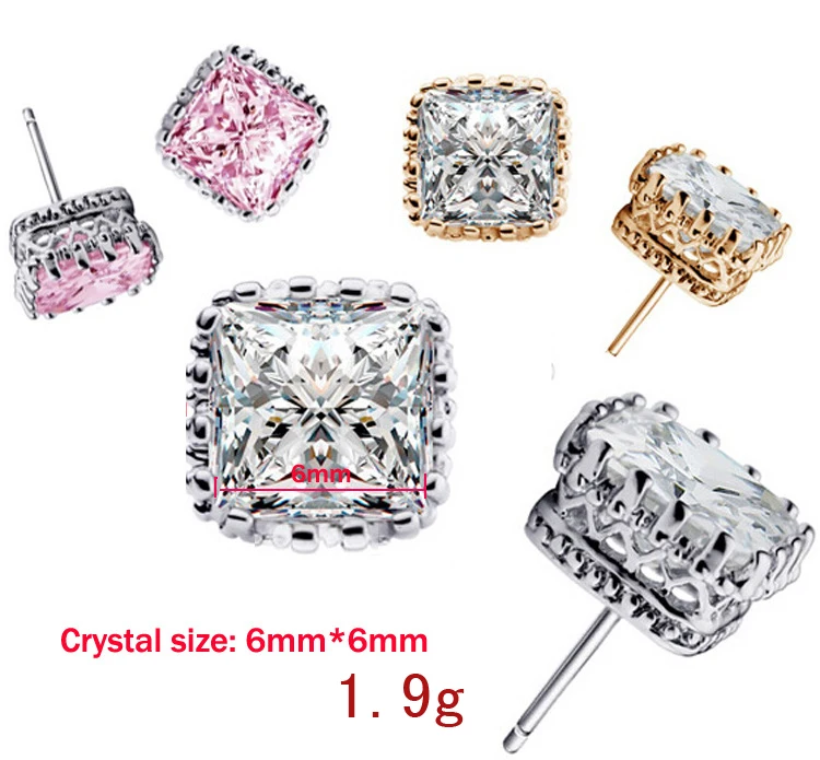 New Arrival Genuine 925 Sterling Silver Stud Earrings With 6MM Square Cubic Zirconia Ear Brincos Fast Shipping For Women\'s Gift