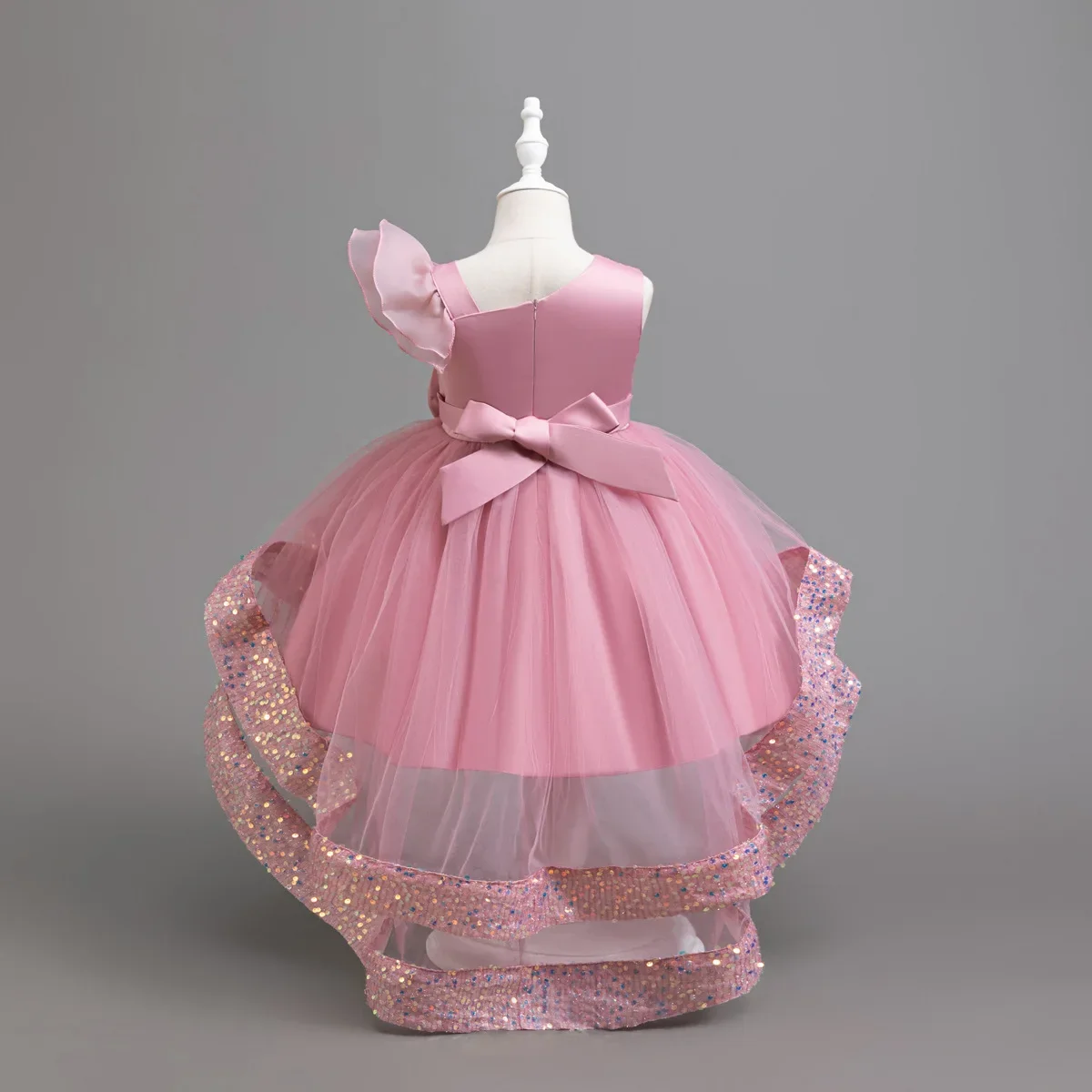 Kid One Shoulder Sequin Encrusted Bodice Girl Dress Ruffled Accent Waistband Tiered Tulle Children Skirt Sequined Ruffles Formal